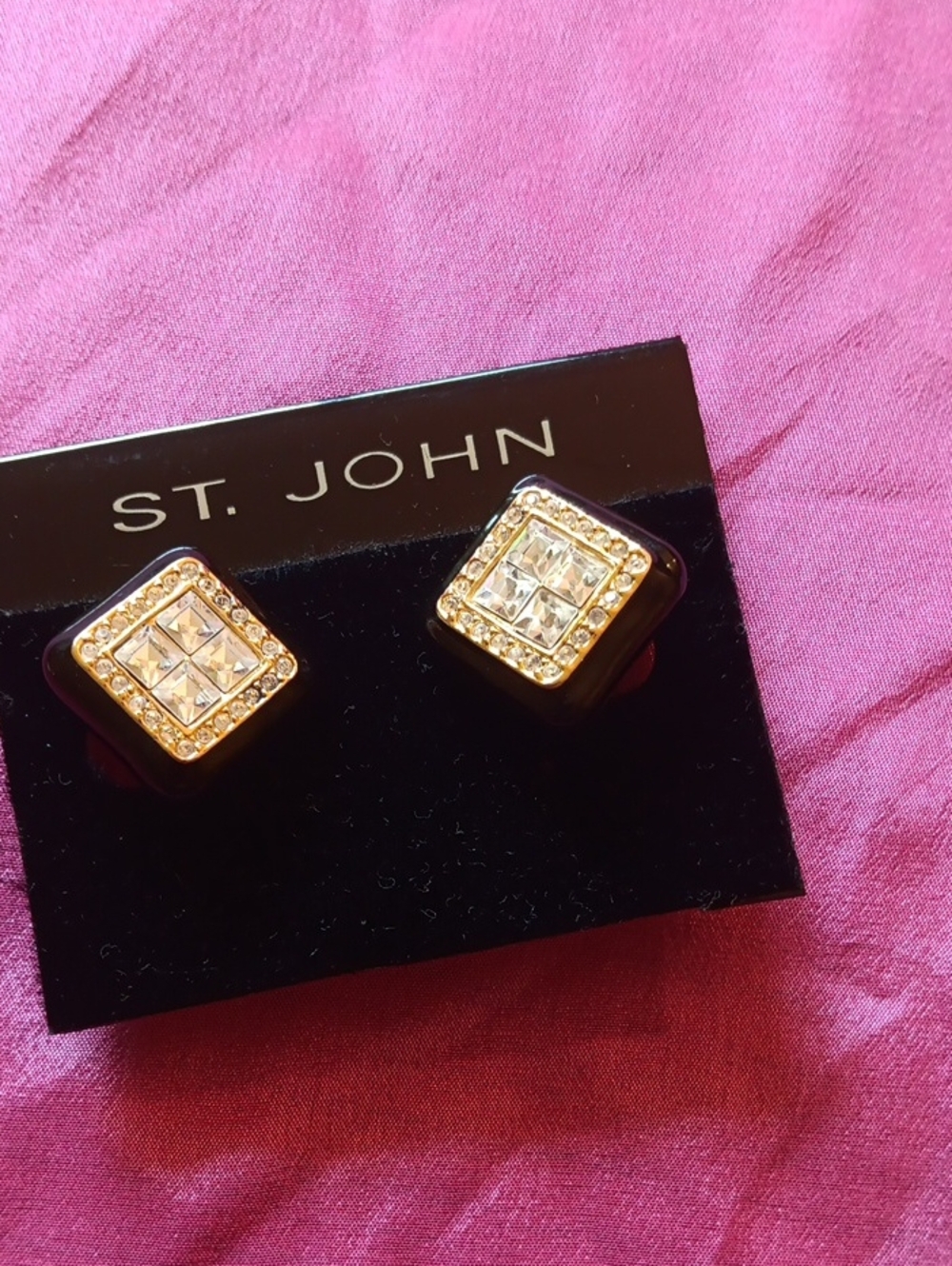 St. John Gold-Tone Square Crystal Clip Earrings with Black Frames